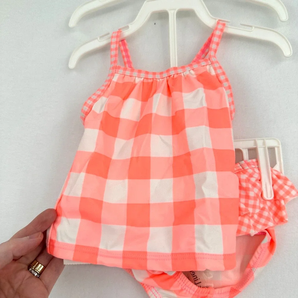 Carter's 2 Piece‎ Swimsuit Set Girls 6M Neon Pink White Gingham Ruffle Beach NWT